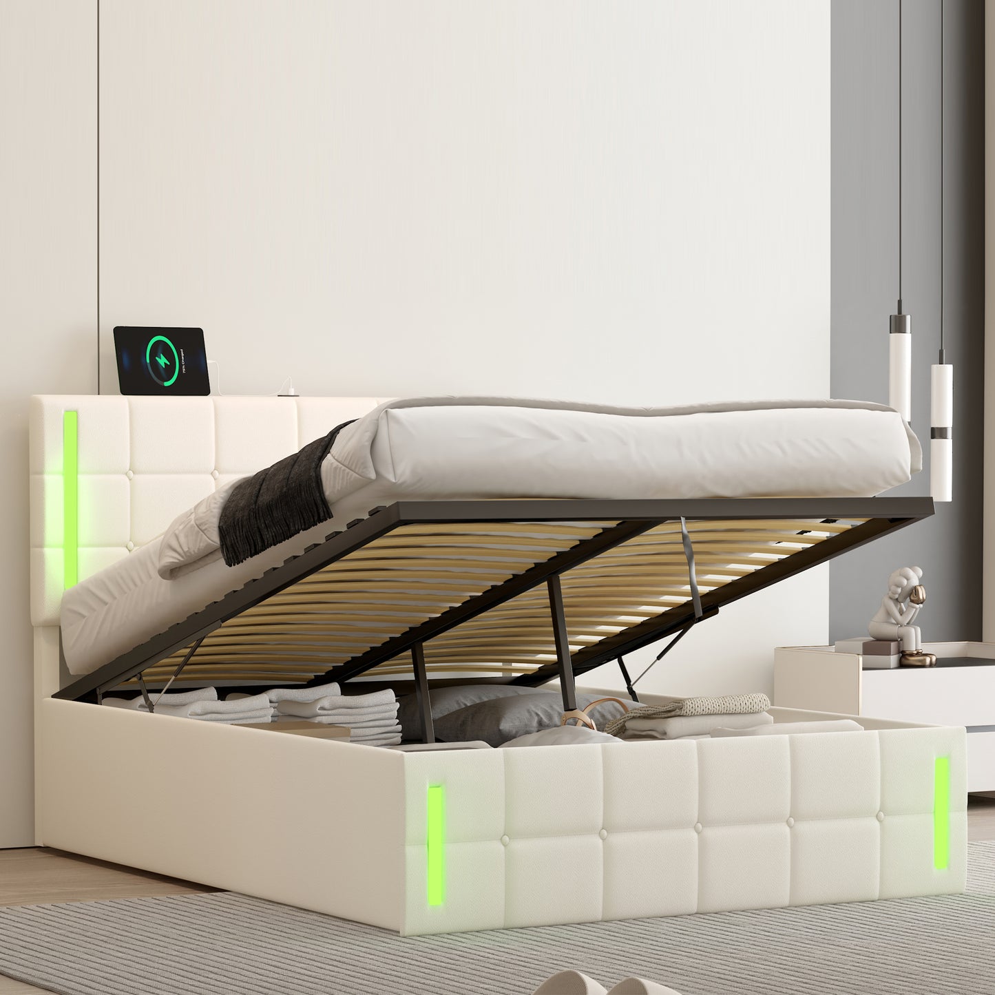 Cama tapizada de tamaño completo con luces LED, sistema de almacenamiento hidráulico y estación de carga USB, acabado blanco