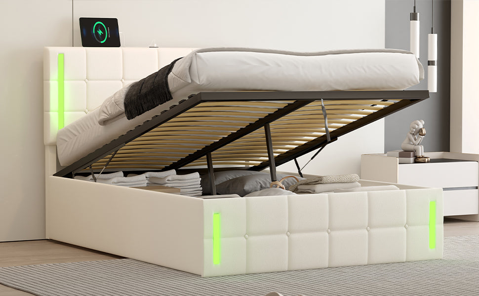 Cama tapizada de tamaño completo con luces LED, sistema de almacenamiento hidráulico y estación de carga USB, acabado blanco