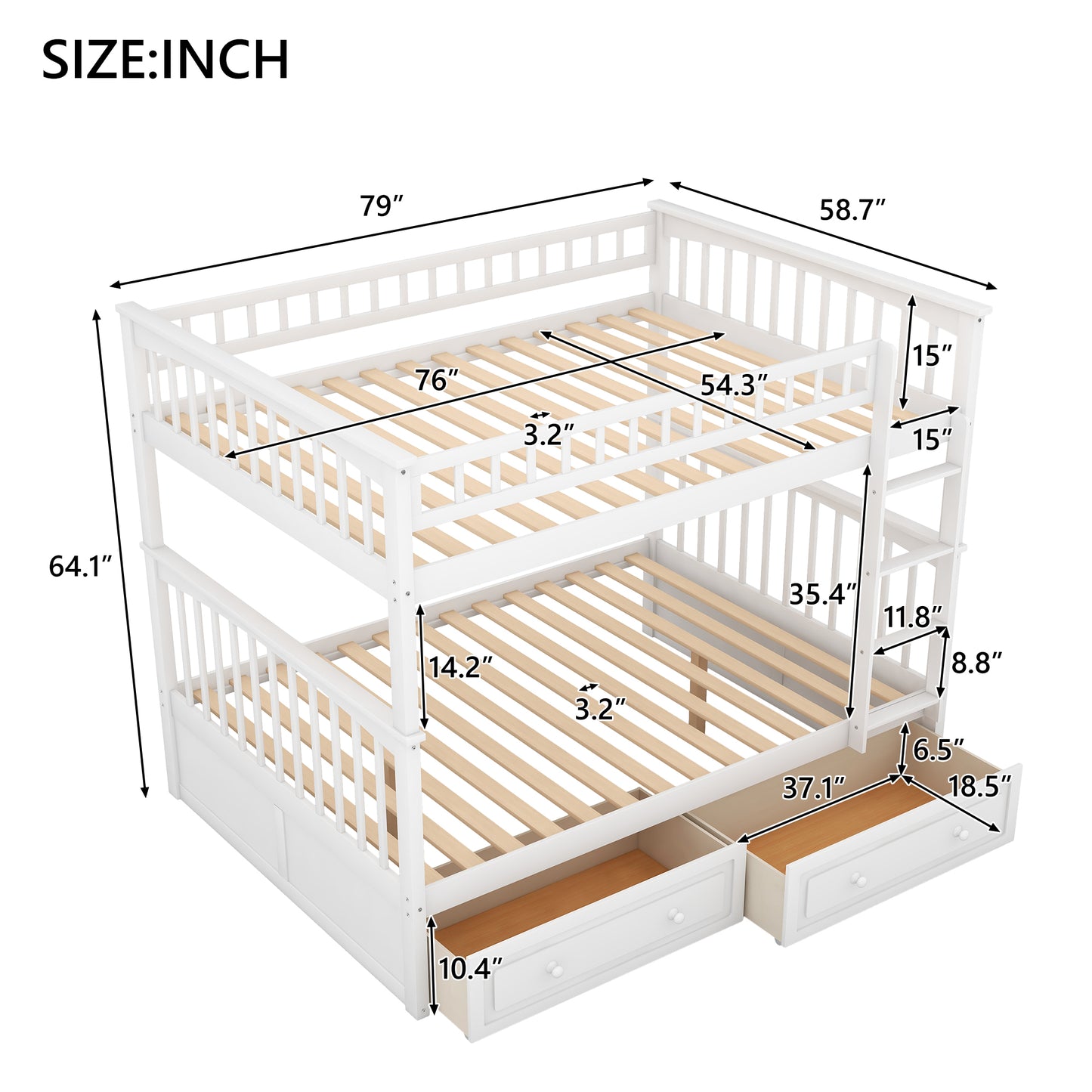 Full over Full Bunk Bed with Drawers  Convertible Beds  White