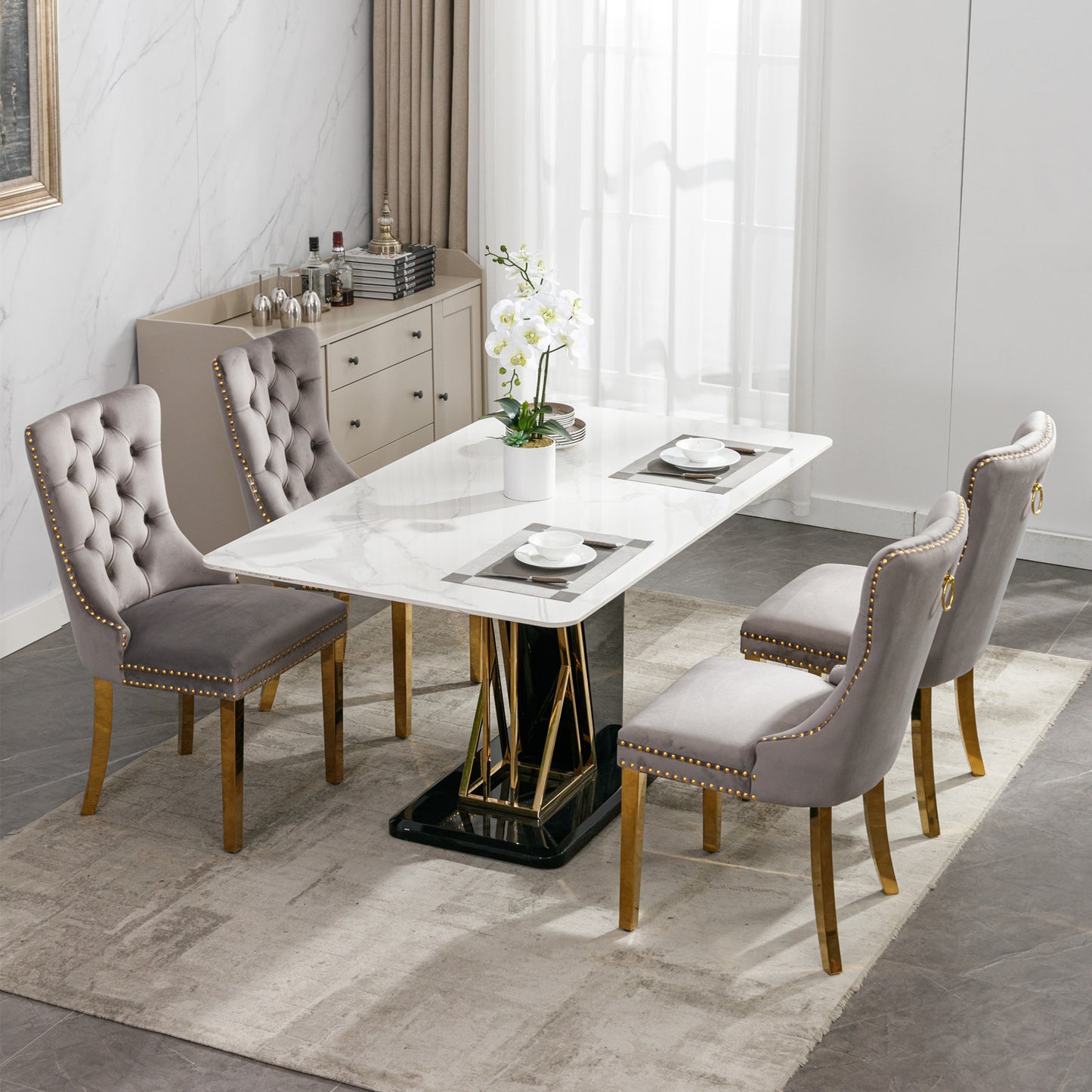 Tufted solid wood velvet cushioned dining chair, gold-plated stainless steel nail leg heads, 2 pieces in gray and gold