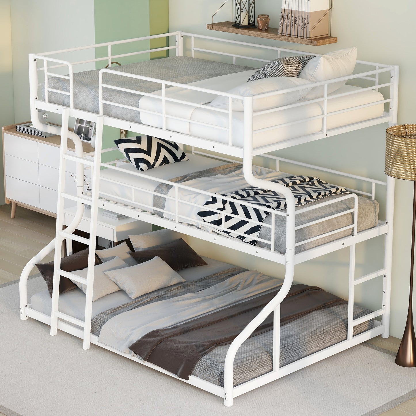 Full XL over Twin XL over Queen Size Triple Bunk Bed with Long and Short Ladder White