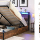 Elevating storage bed frame, full-size bed frame with bookshelf headboard and LED lights, with country brown color