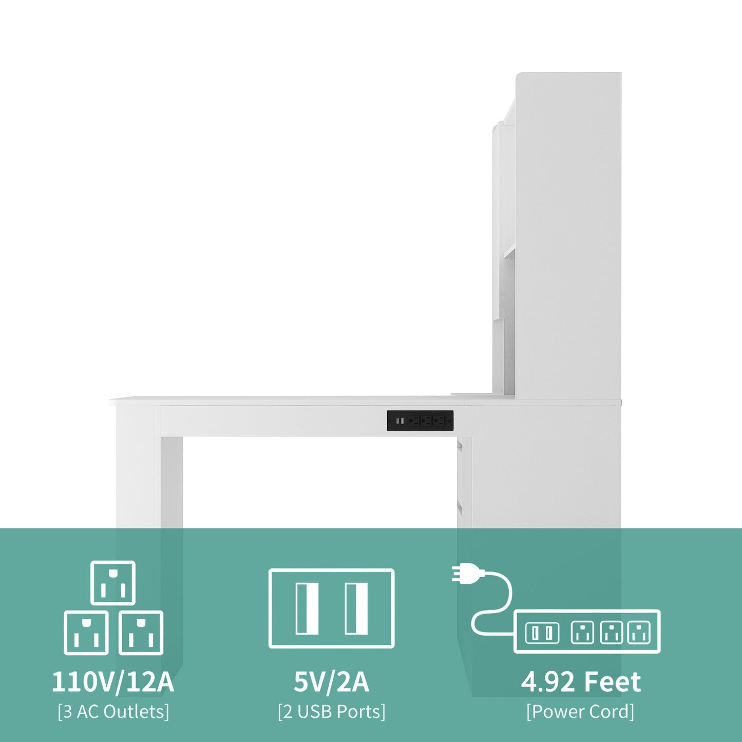 L-Shaped Office Desk with Charger, Bookshelf, Drawers, and LED Lights, Corner Gaming Computer Desk with Storage