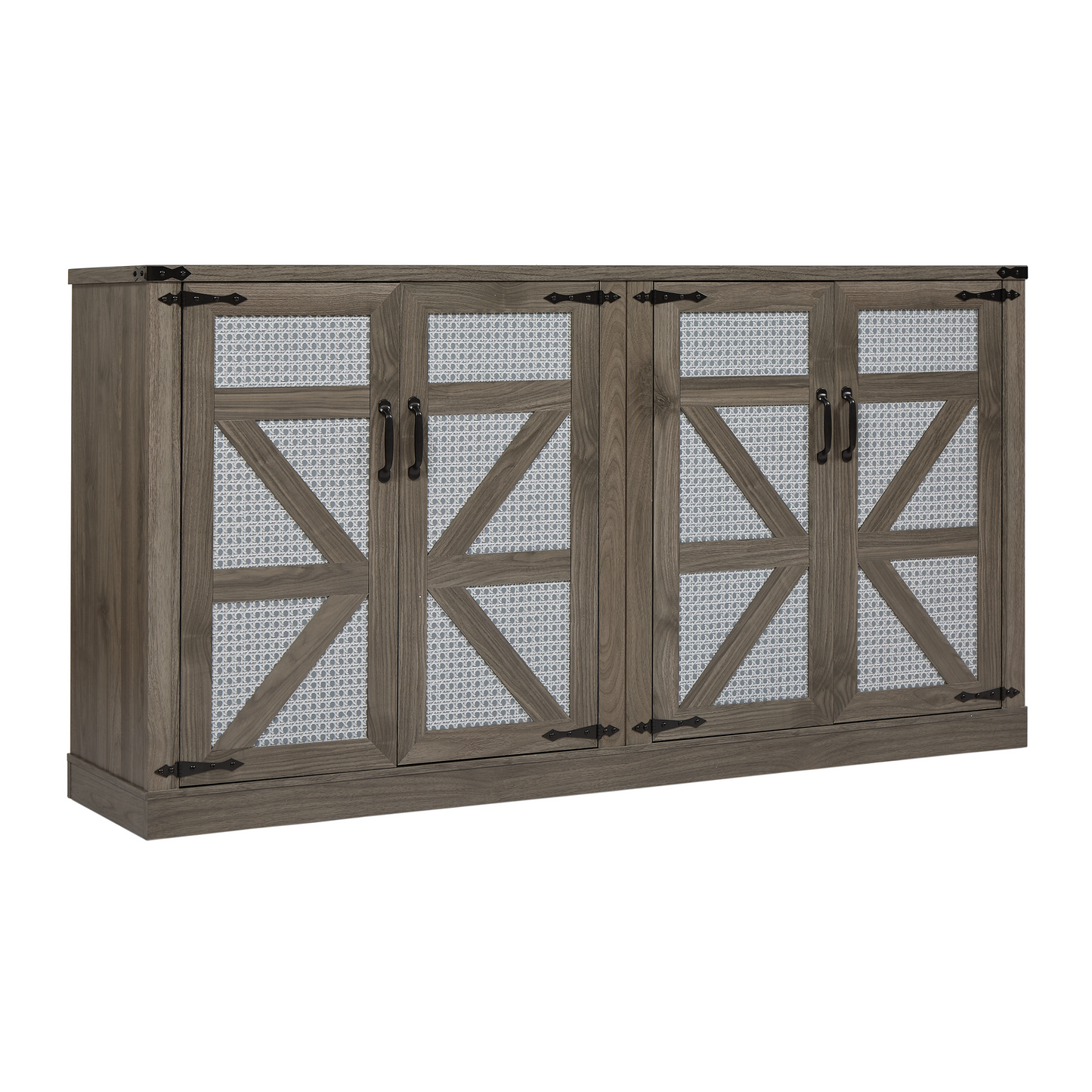 65-Inch Slate Gray Faux Rattan Sideboard with Barn Doors, 4-Door Storage for Living Rooms and Bedrooms