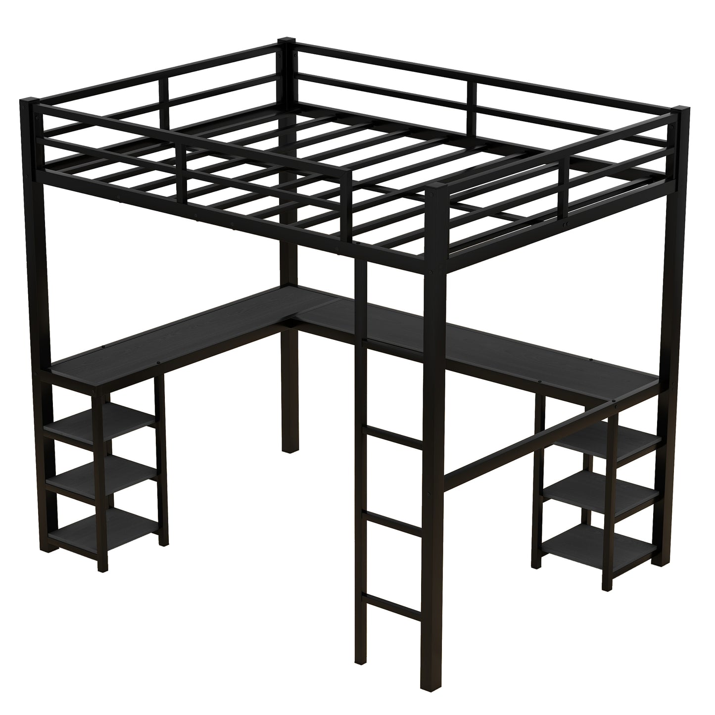 All metal loft bed with desk and shelf, loft bed with ladder and guardrail, black with black desk