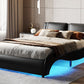 Queen Size Upholstered Faux Leather Platform Bed with LED Light Bed Frame with Slatted - Black