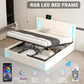 Queen Size Upholstered Bed with LED Lights,Hydraulic Storage System and USB Charging Station,White