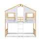 Twin over Twin House Bunk Bed with Roof , Window, Window Box, Door , with Safety Guardrails and Ladder, Natural/White