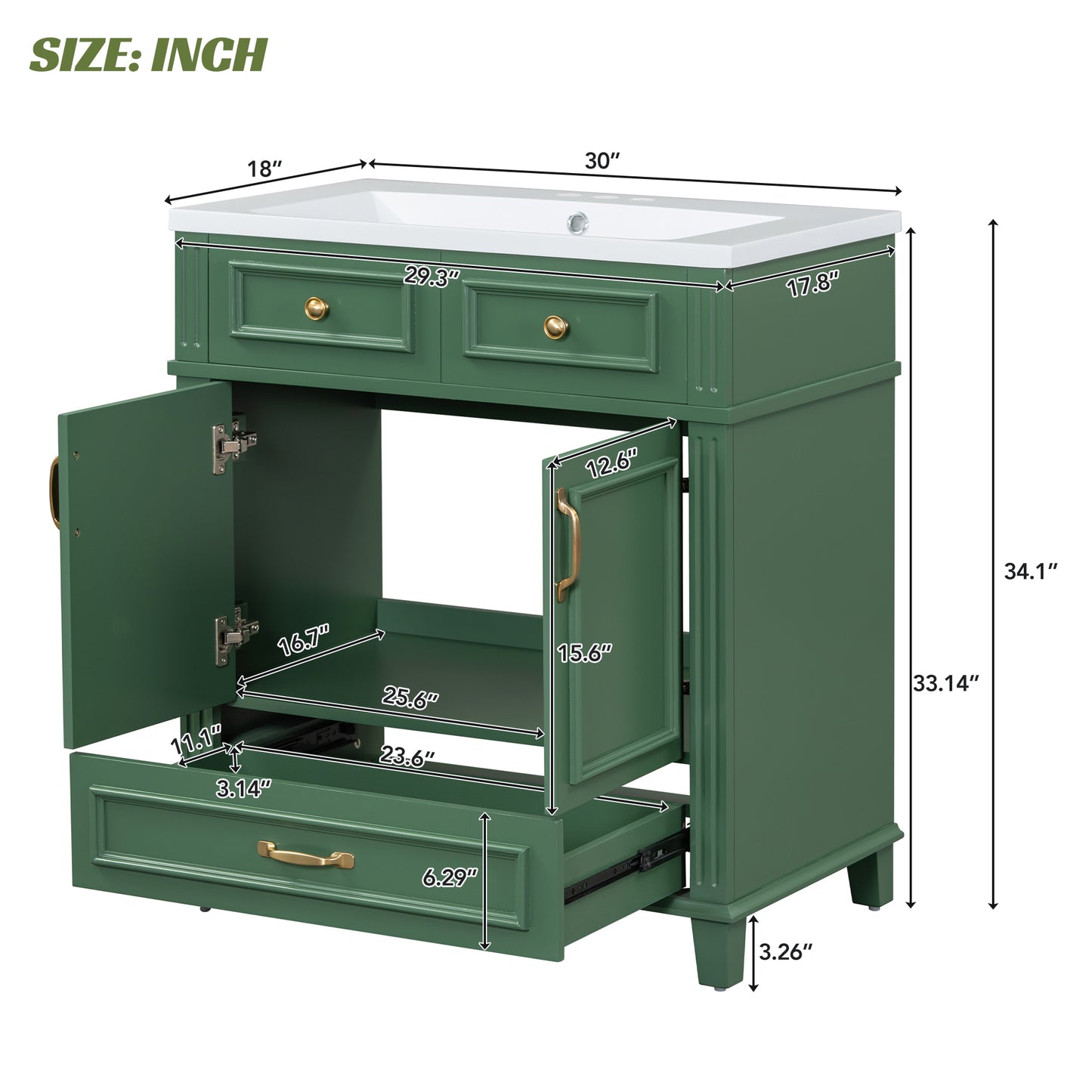 30" Uncovered Bathroom Vanity with Soft-Closed Door, Solid Wood Frame Storage Cabinet, Green Finish