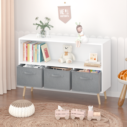 Kids bookcase with Collapsible Fabric Drawers Children's Book Display Toy Storage Cabinet Organizer White/Gray