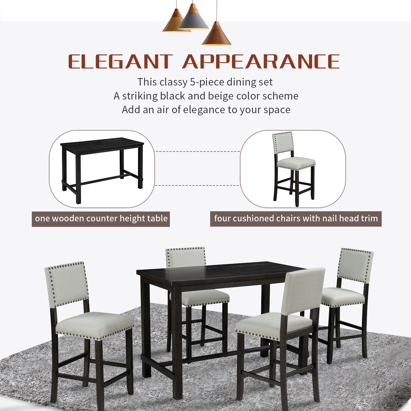 Juego de comedor de 5 piezas de altura de mostrador TREXM, mesa elegante clásica y 4 sillas en espresso y beige