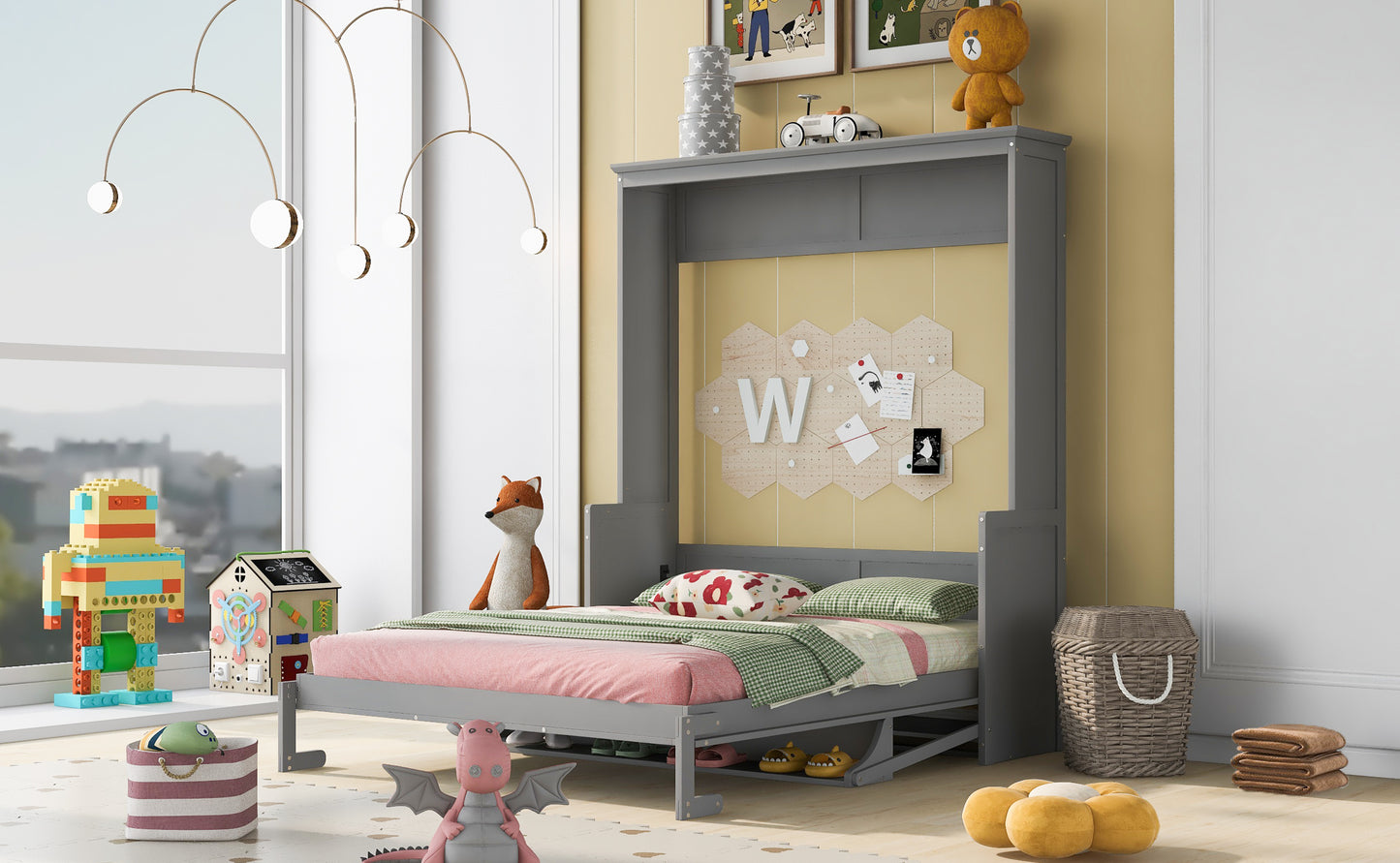 Queen Size Murphy Bed with Built-In Shelf, Space-Saving Design in Modern Gray Finish