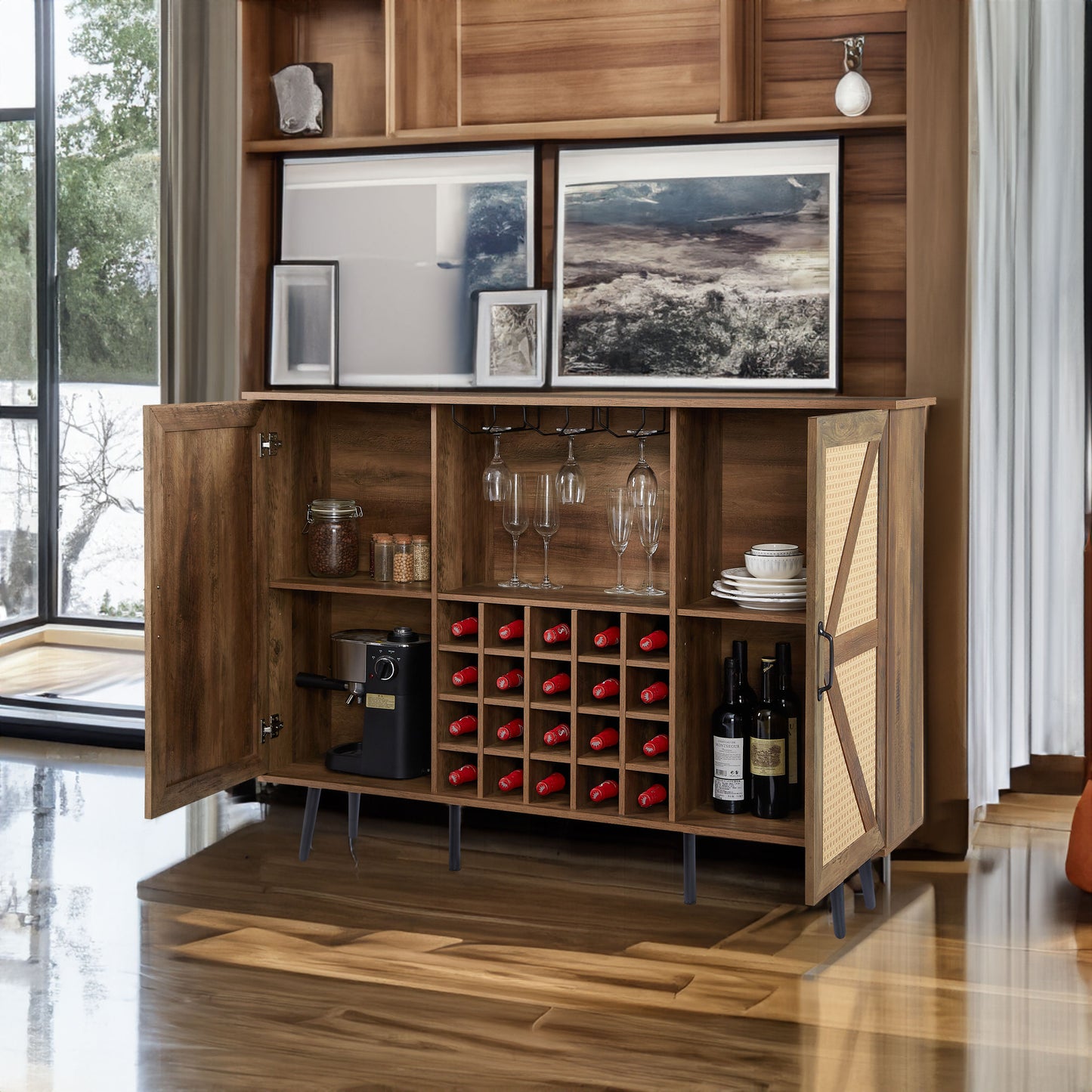 Oak Color Faux Rattan Barn Door Wine Cabinet with Wine Rack and Wine Glass Rack, Double Door Design with Removable Shelves