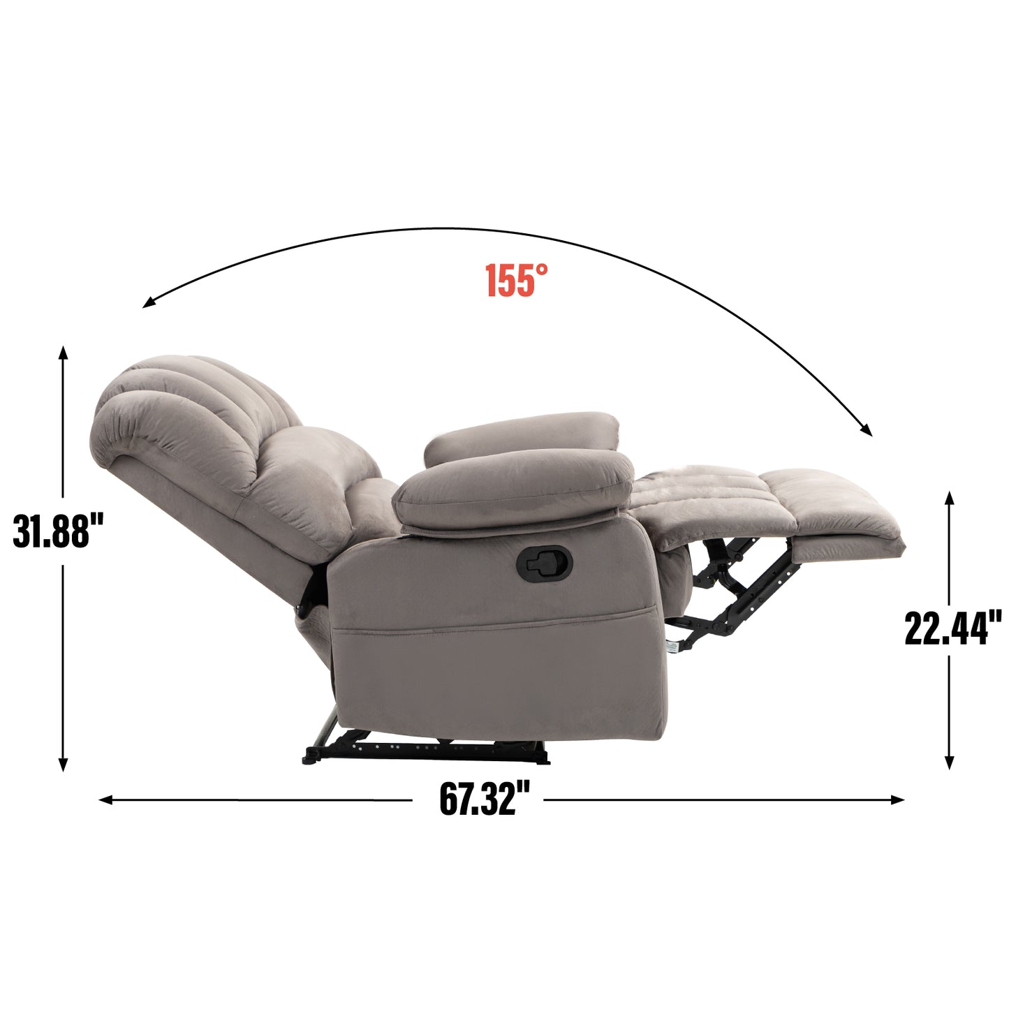 Sillón reclinable manual grande en tela, diseño cómodo para salas de estar, color gris