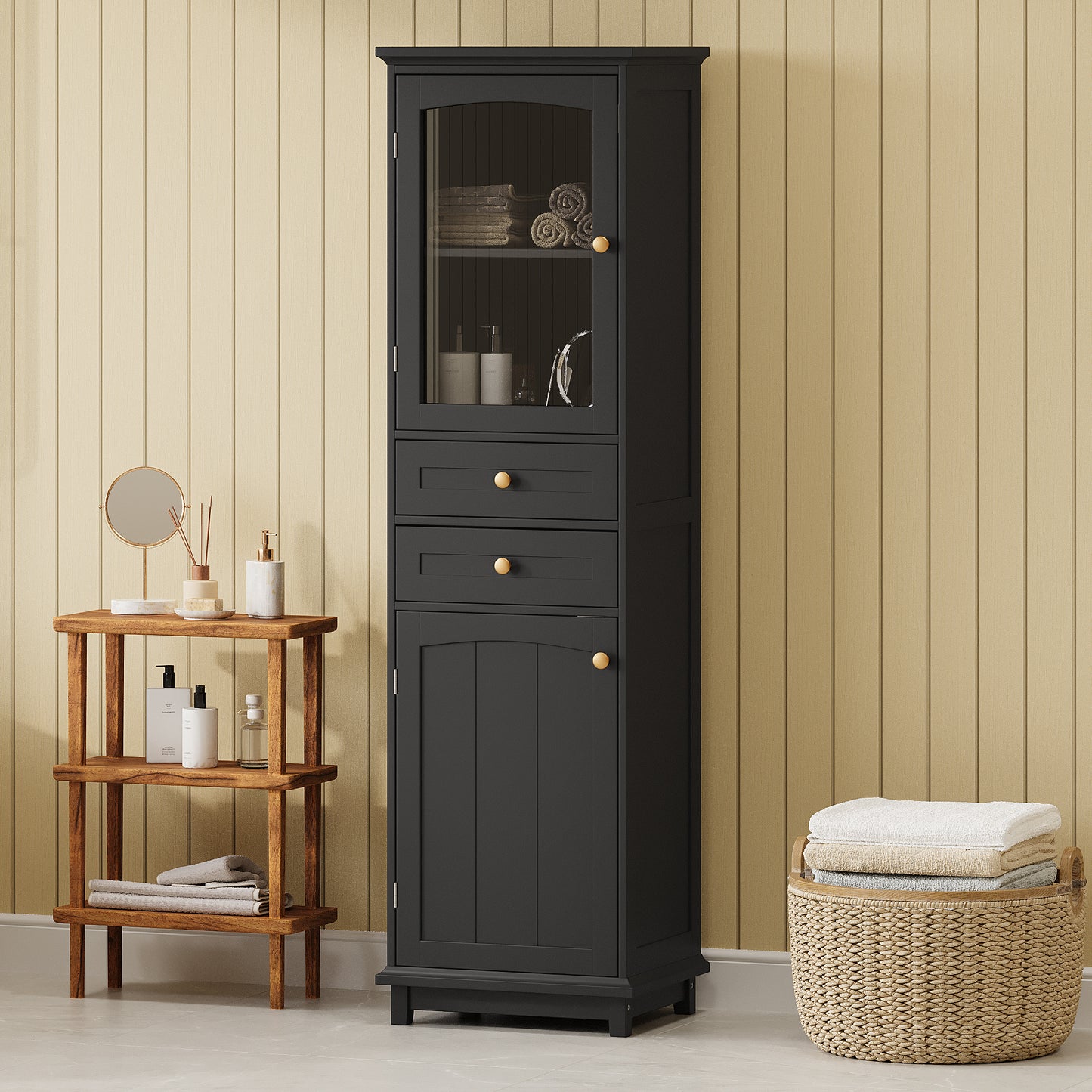 Tall Bathroom Storage Cabinet with Glass Doors, Free-Standing, Two Drawers, and Adjustable Shelves, MDF Board, Painted Black