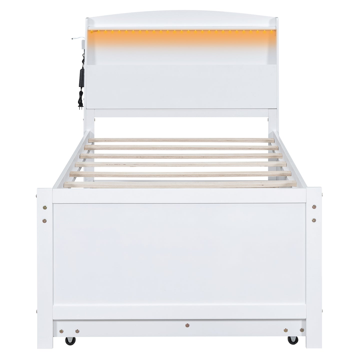 Twin Size Platform Bed with Storage LED Headboard Twin Size Trundle and 3 Drawers White