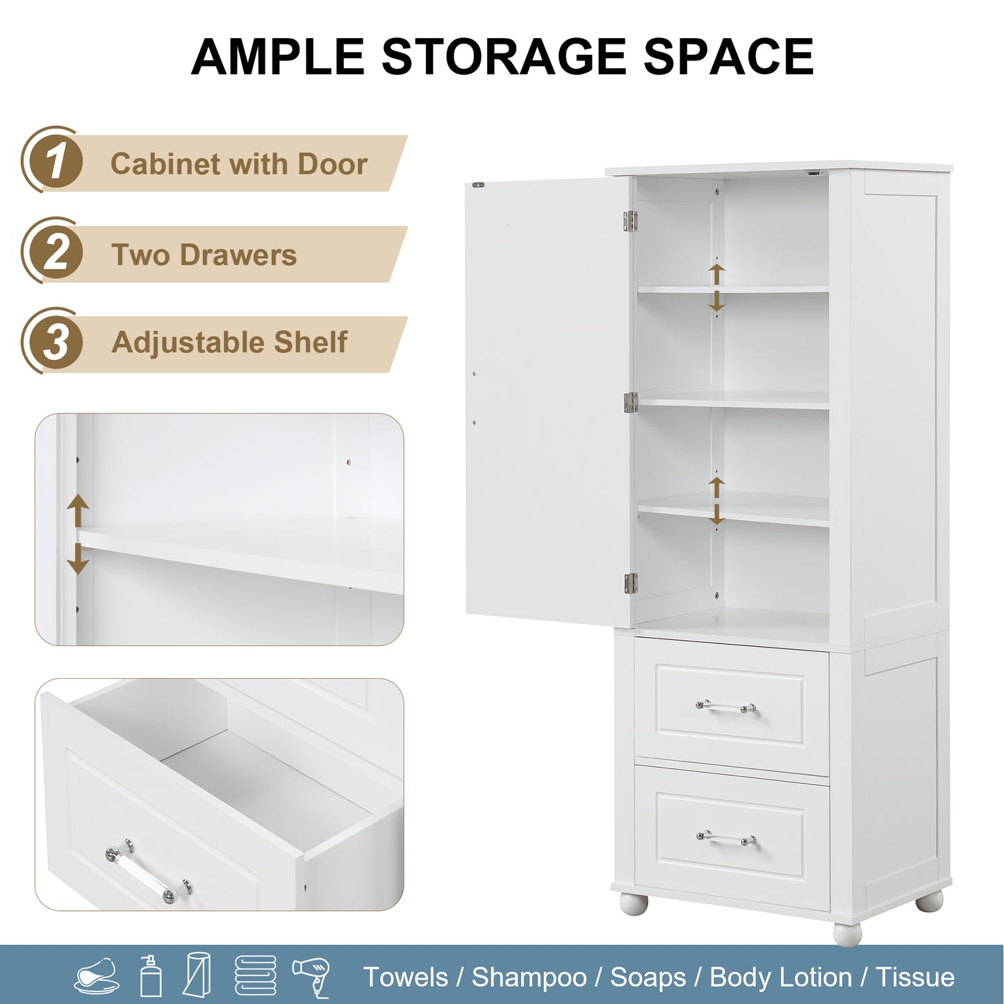 Tall Bathroom Storage Cabinet with 2 Drawers and Adjustable Shelf, White MDF Board Design