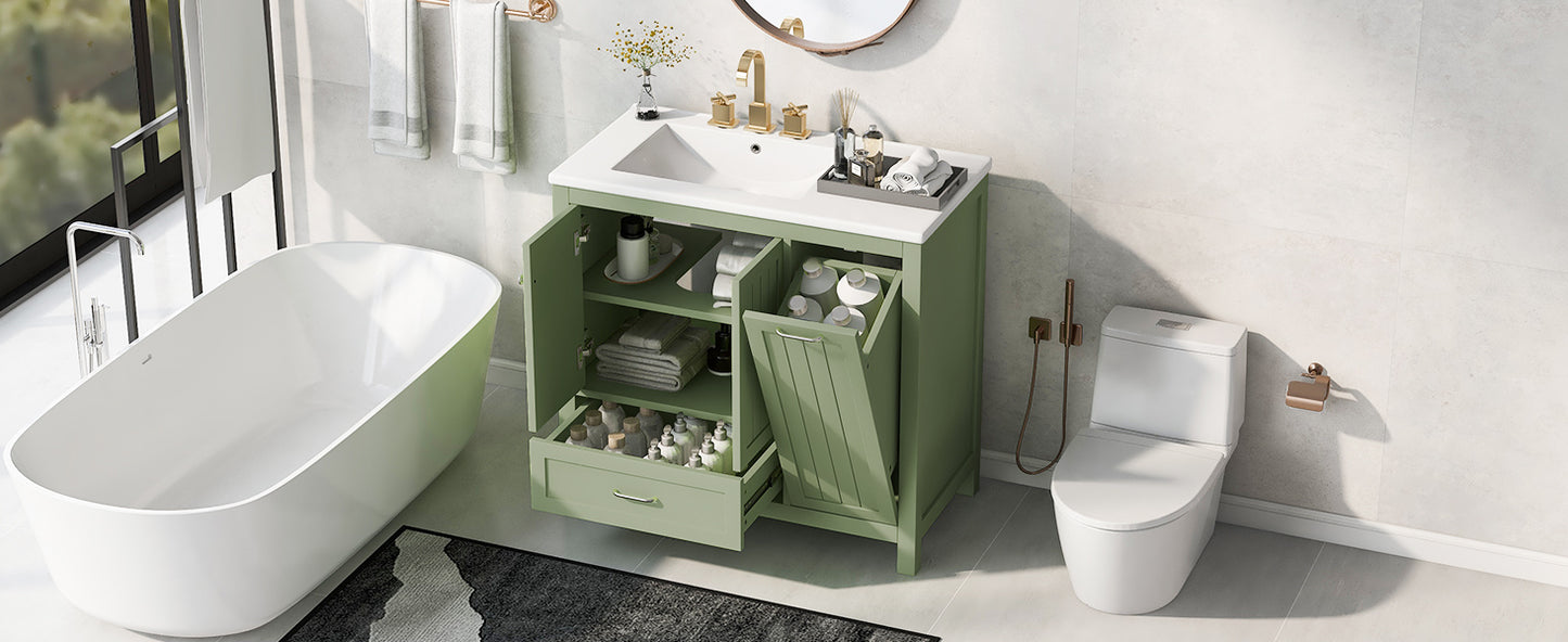 36" Bathroom Vanity with Sink, Double Door Cabinet, Large Drawer, and Flip Drawer, Green Finish