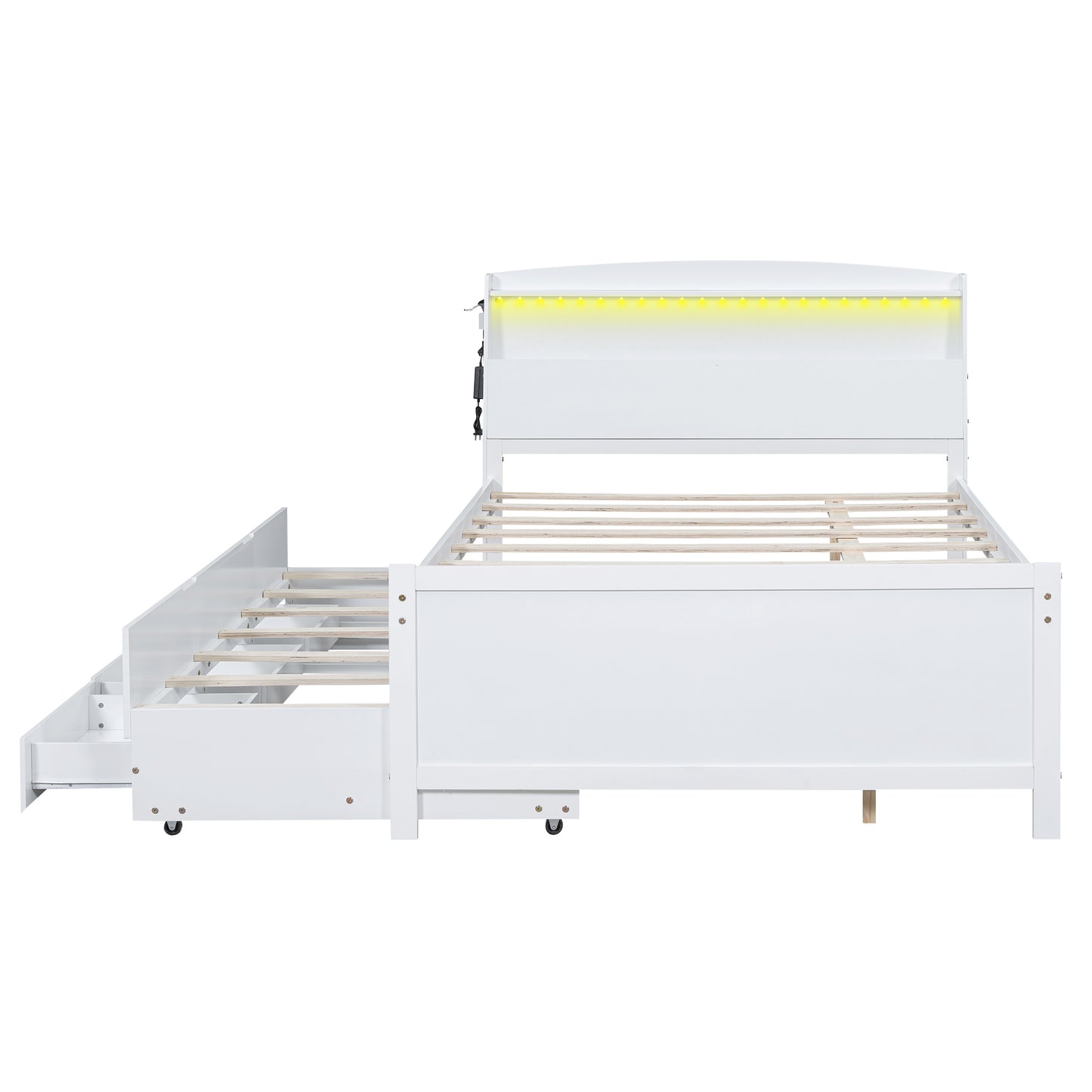 Full Size Platform Bed with Storage LED Headboard  Twin Size Trundle and 3 Drawers White