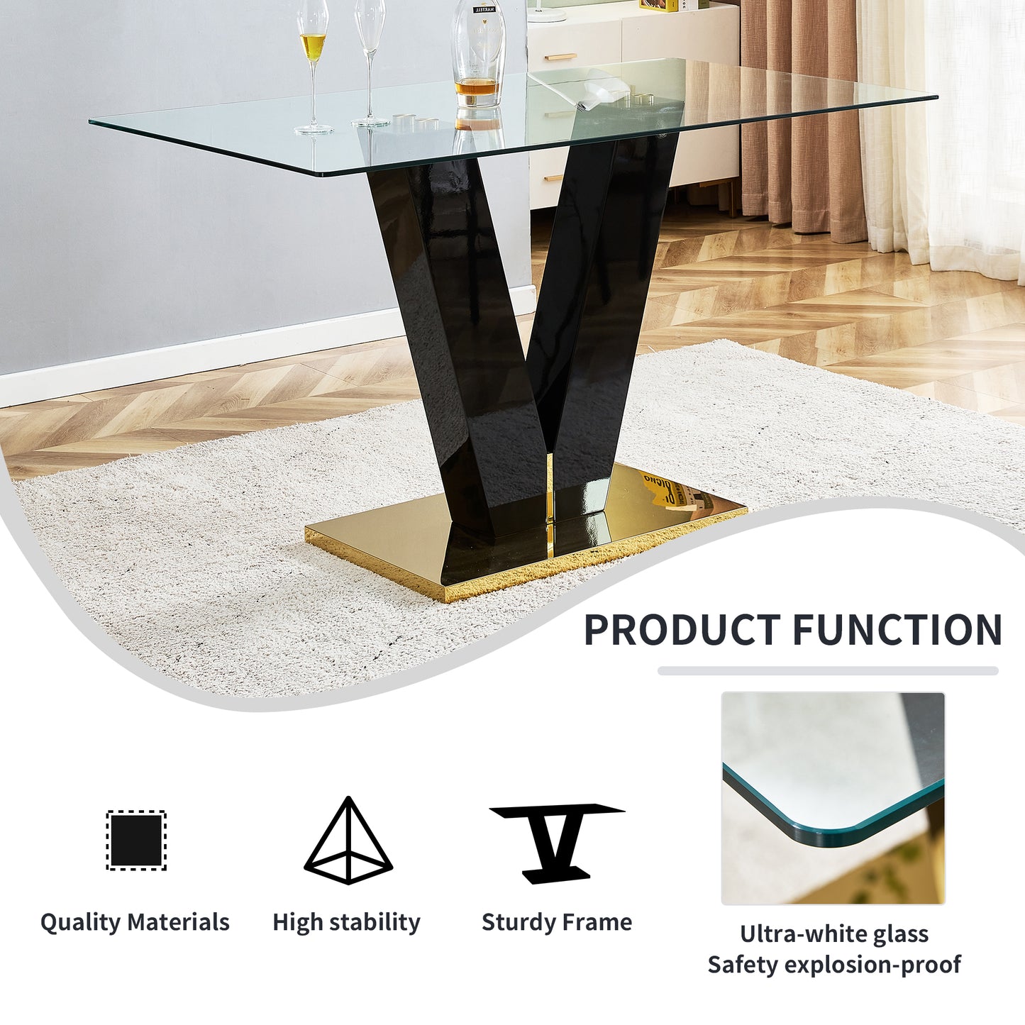 Large Modern Minimalist Rectangular Glass Dining Table for 6-8