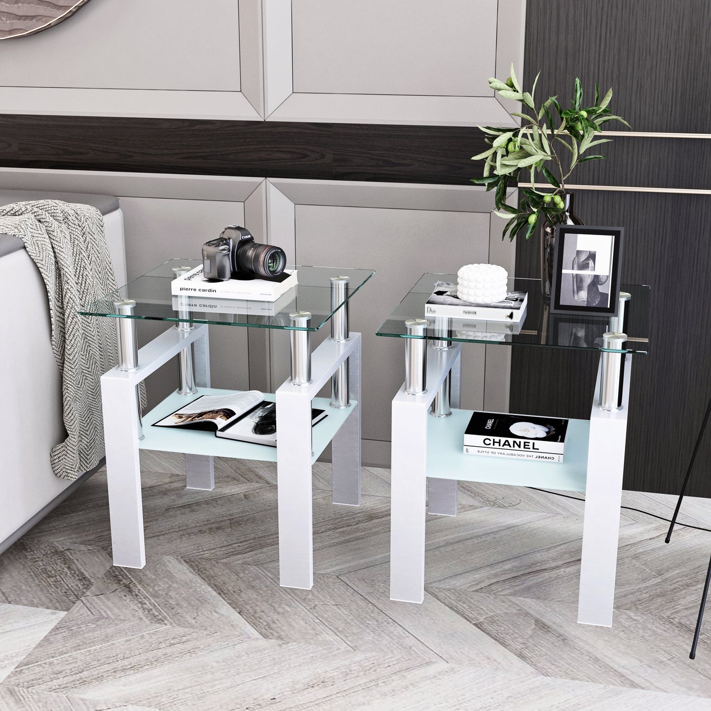 Set of 2 Modern Tempered Glass Tea Tables, Square Design for Living Rooms, Transparent/White