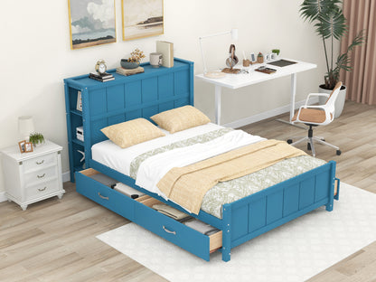 Full Platform Bed with Storage Shelves Blue