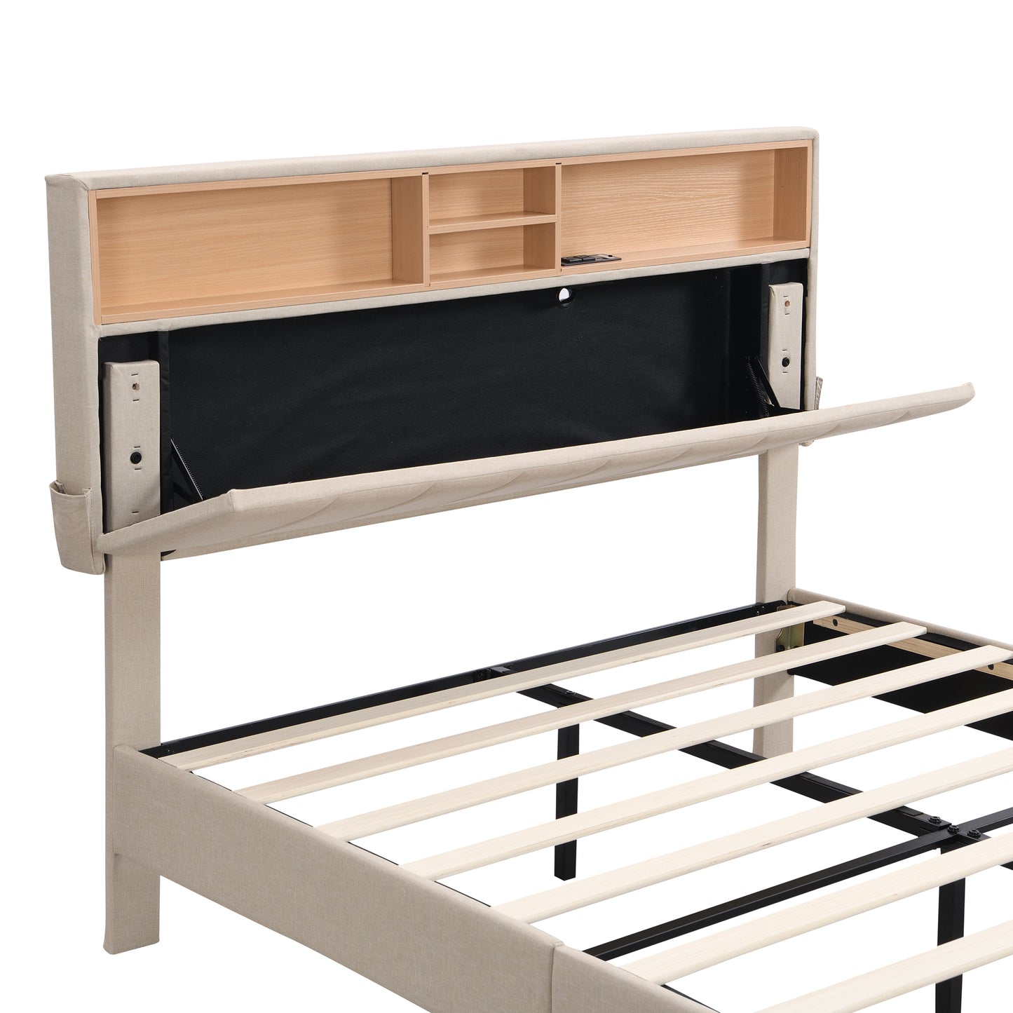 Cama de plataforma tapizada de tamaño completo con cabecera de almacenamiento y puerto USB, tela de lino en color beige