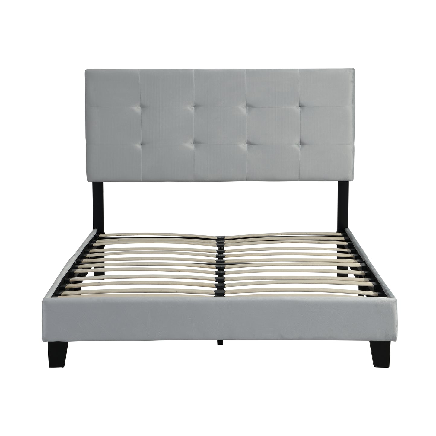 Full Size Upholstered Platform Bed Frame with pull point Tufted Headboard Strong Wood Slat Support Gray