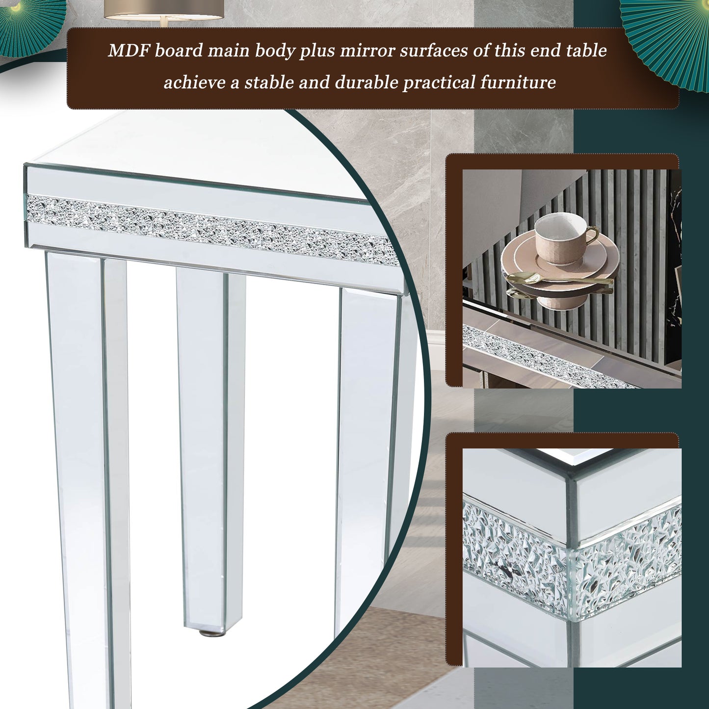 ON-TRANS glass mirror edge table, easy to assemble crystal design and adjustable height leg edge table, silver