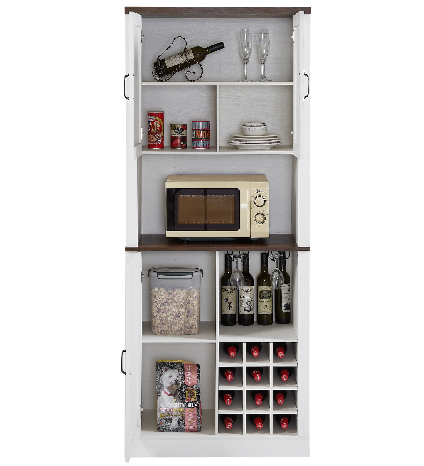 76-Inch Tall Farmhouse Kitchen Faux Rattan Wine Cabinet with Square Compartments and Shelves