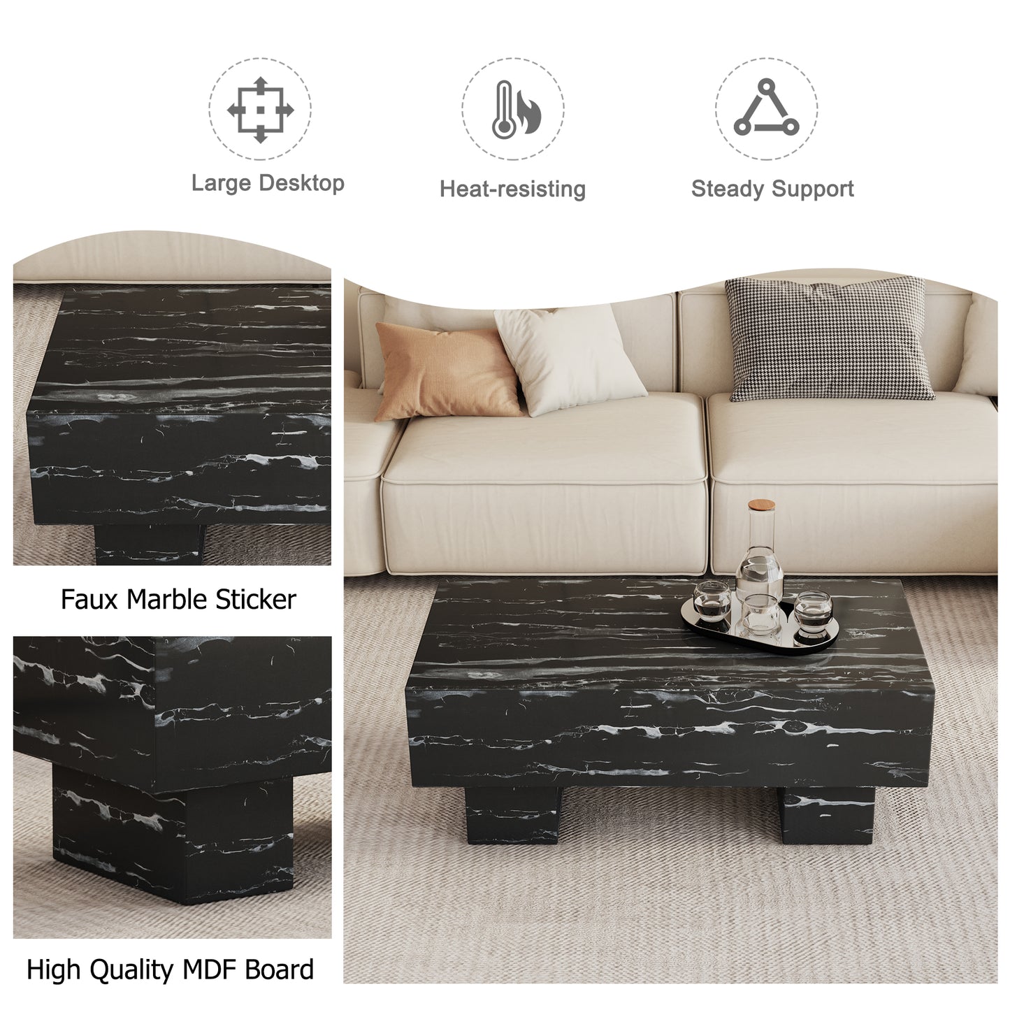 The black coffee table has patterns Modern rectangular table suitable for living rooms and apartments