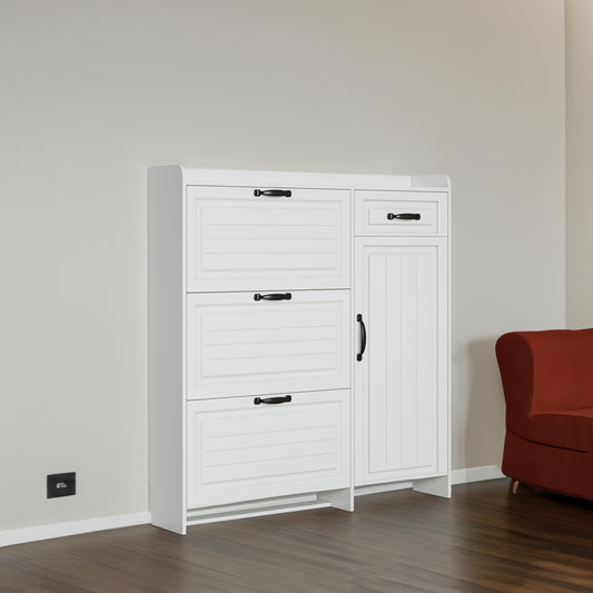 White color shoe cabinet with 4 doors 1 drawers,PVC door with shape ,large space for storage