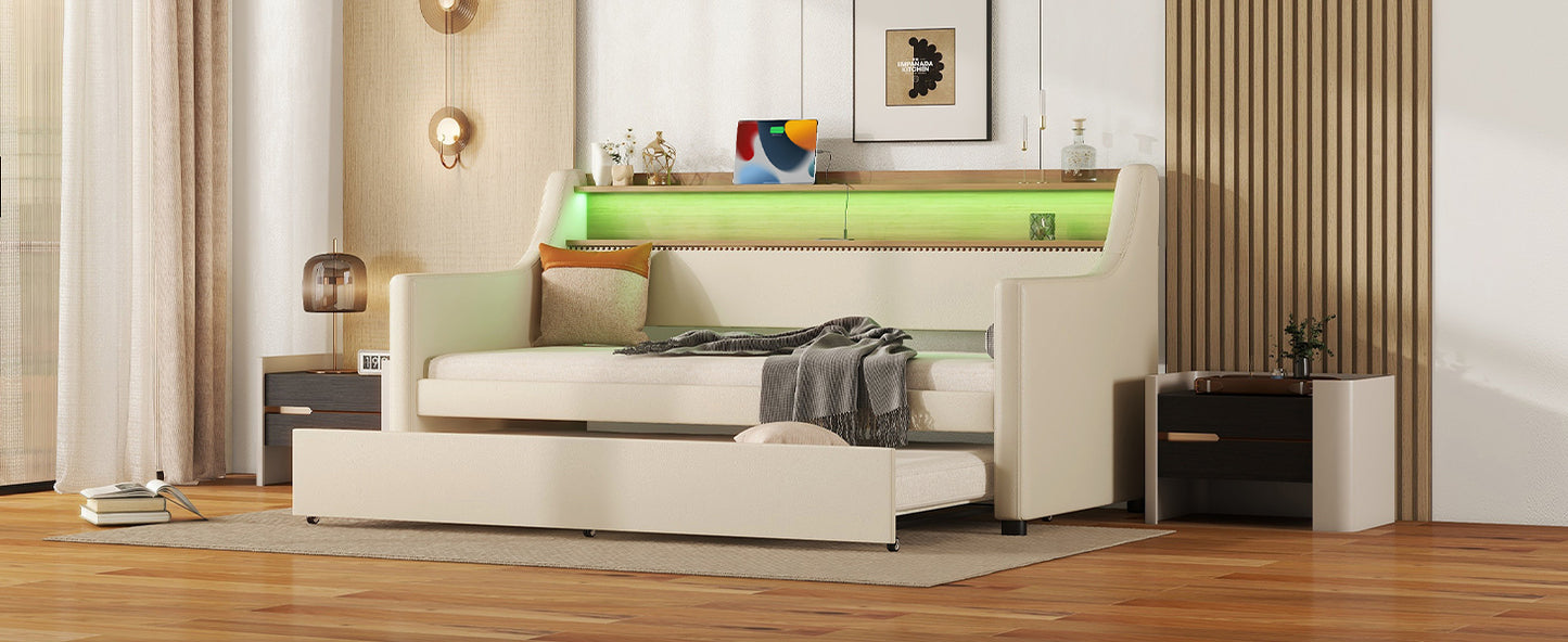 Twin Size Daybed with Trundle, Upholstered Daybed with Charging Station and LED Lights, Beige