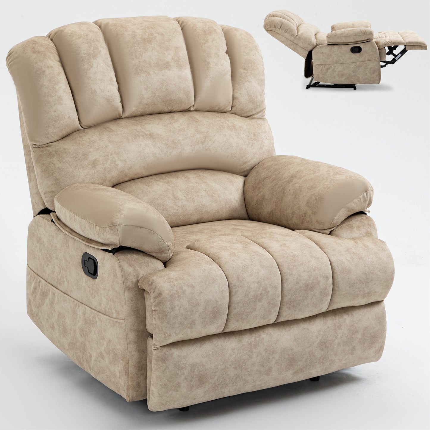 Sillón reclinable manual grande en tela, diseño cómodo para salas de estar, color beige