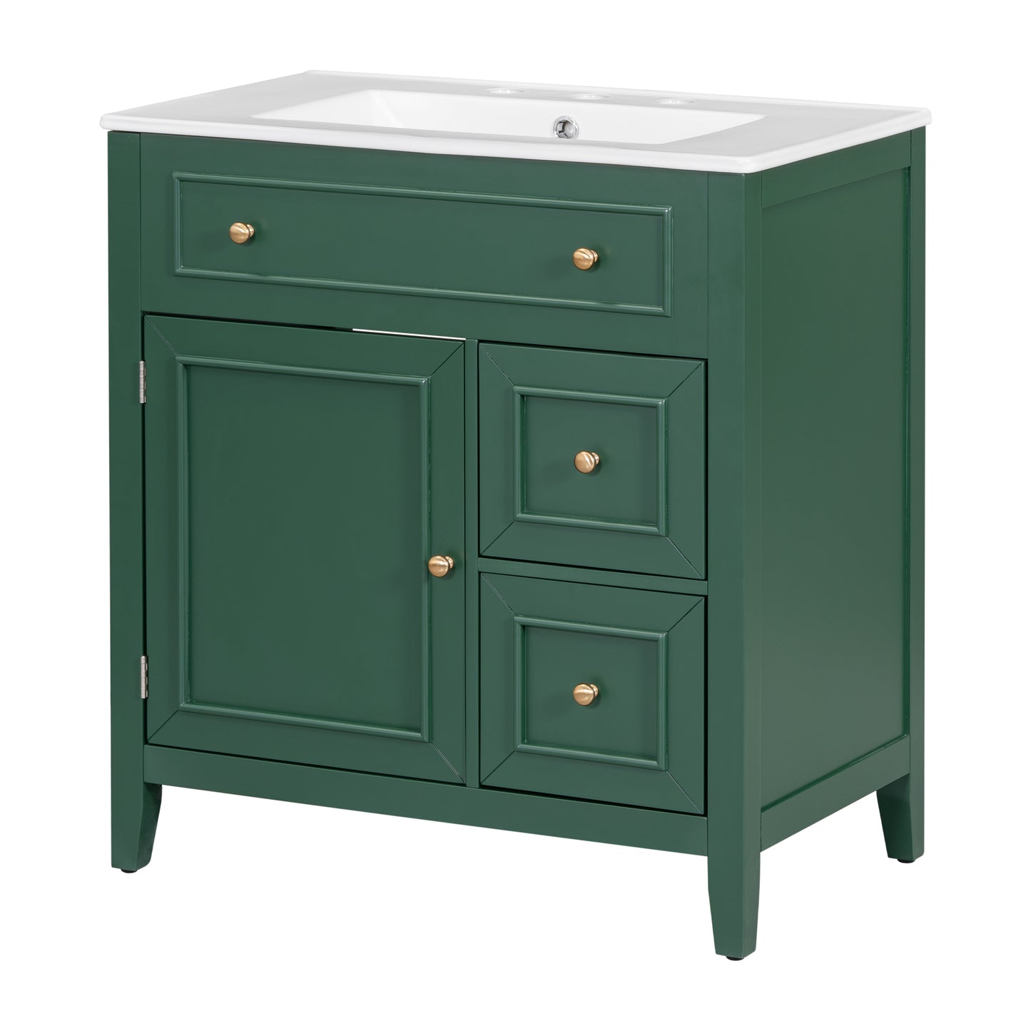 Mueble de baño de 30" con encimera de lavabo, armario de madera maciza con puerta y dos cajones, color verde