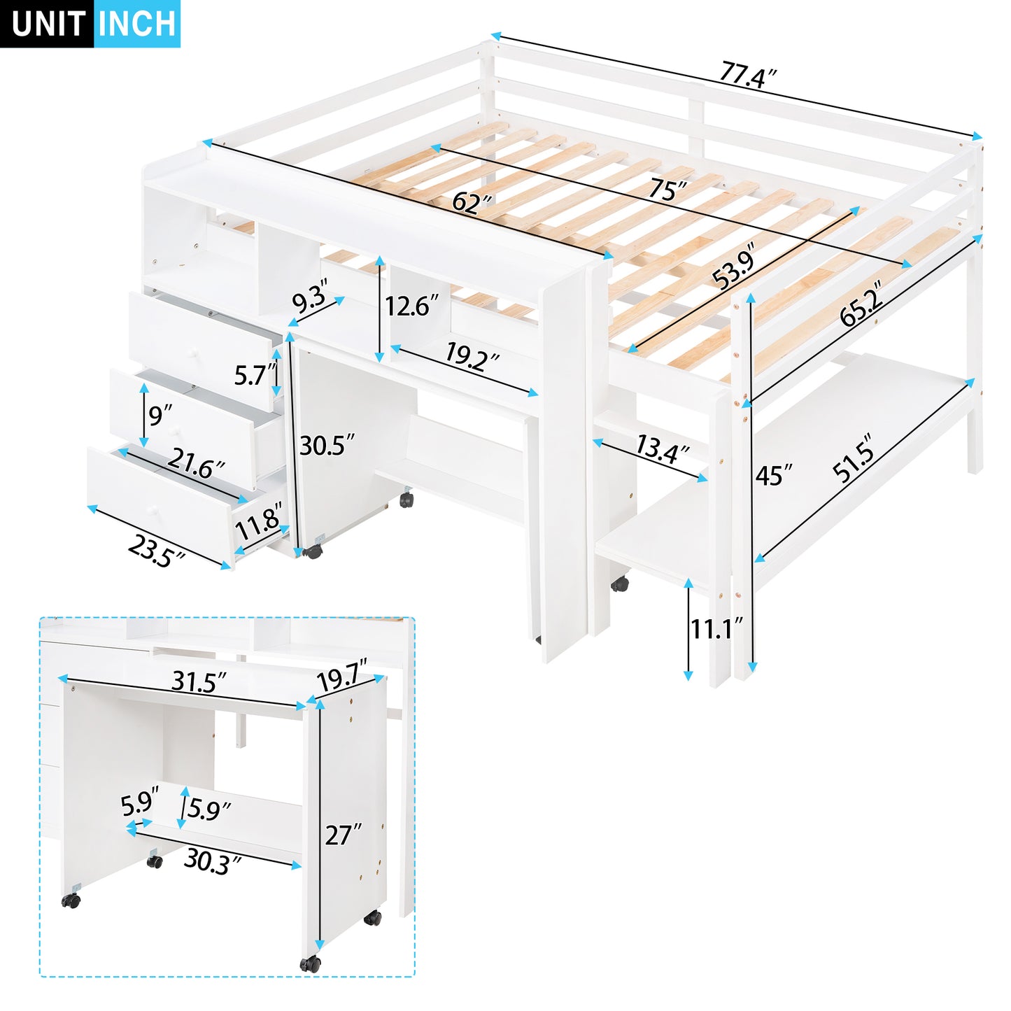 Full Size Low Loft Bed with Rolling Portable Desk, Drawers and Shelves, White