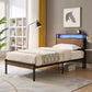 Dual size metal platform bed frame with wooden headboard and footrest, USB LINER, LED lights