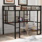 Full Size Loft Metal&MDF Bed with Long Desk and Shelves Black