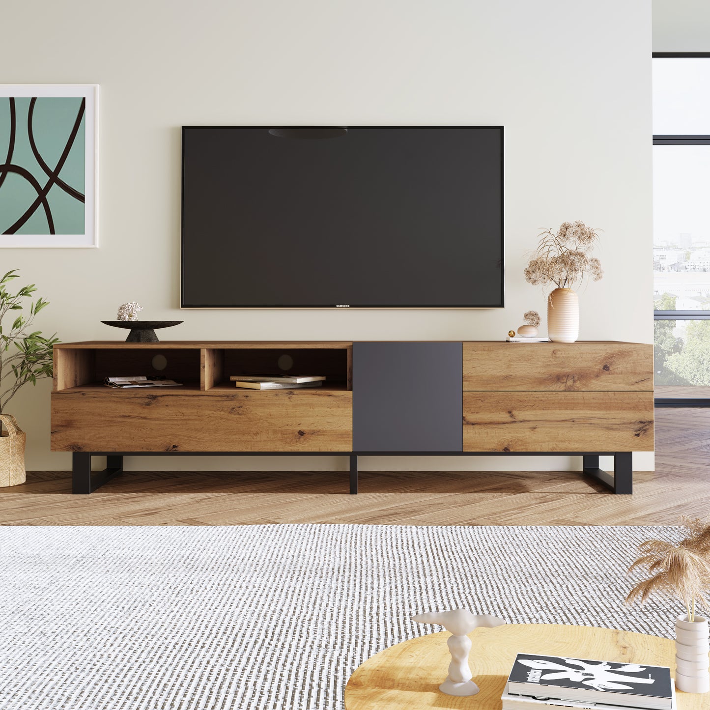 Modern TV Stand for 80-Inch TVs, Double Storage Space Media Console, Sleek Design for Living Rooms