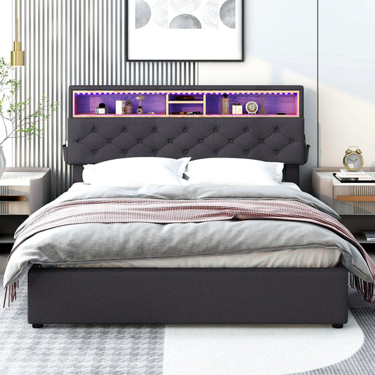 Cama tamaño queen tapizada con plataforma, cabecero con espacio de almacenamiento, luces LED, carga USB y 2 cajones, color gris oscuro