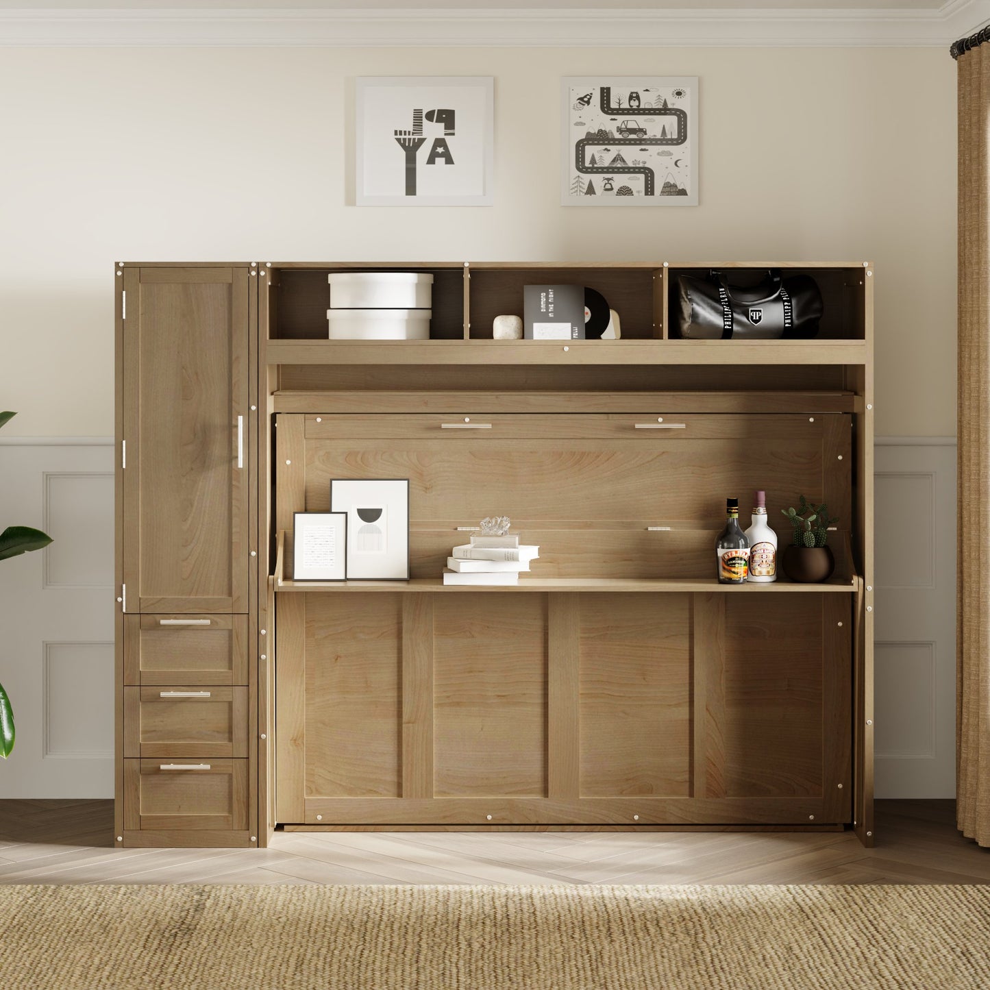 Full Size Murphy Bed with Wardrobe, Drawers, and Open Shelves, Antique Grey Finish for Functional Bedrooms