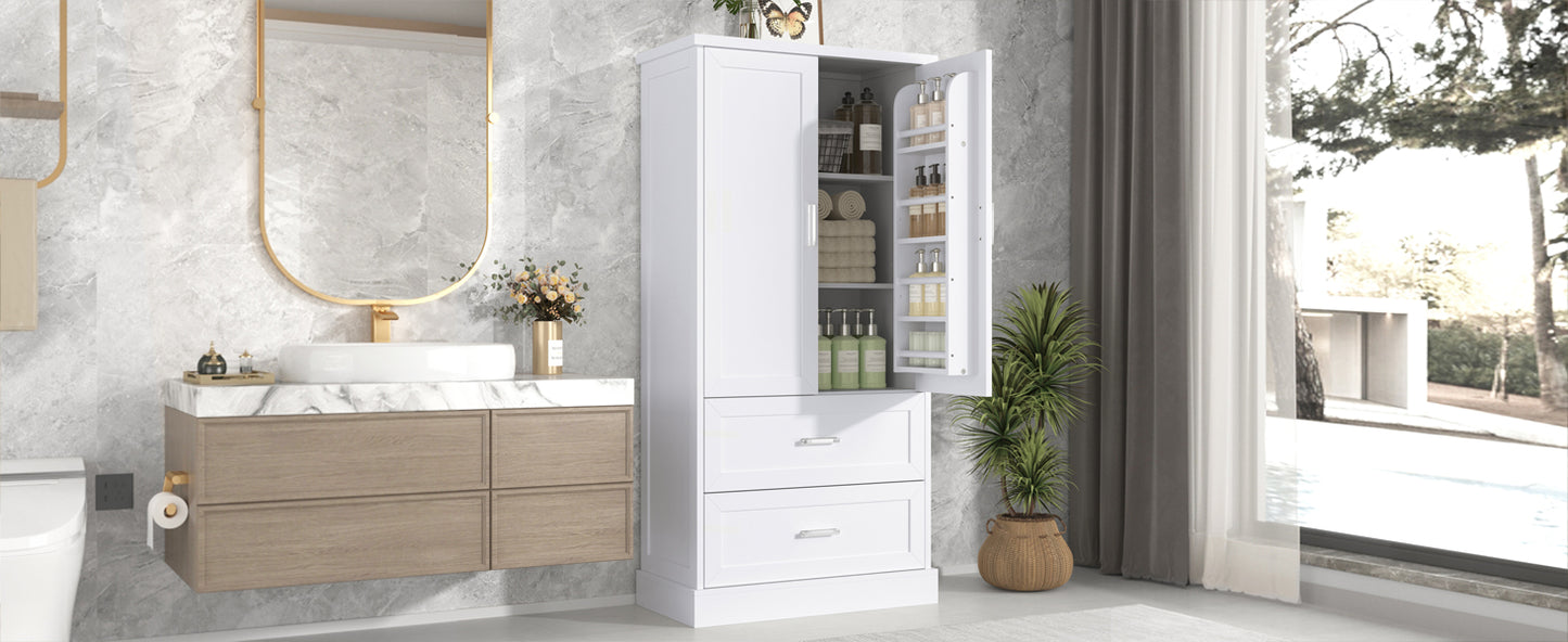 Mueble de baño alto con dos puertas y cajones, estante ajustable, tablero MDF, acabado blanco