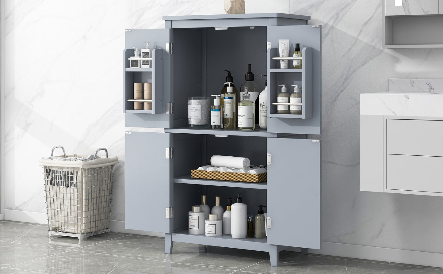 Bathroom floor storage cabinet, bathroom storage cabinet, 4-door independent cabinet, adjustable shelf, adaptive shelf, gray