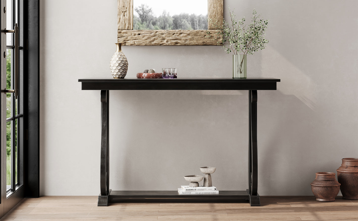 48-Inch Rustic Vintage Console Table --- Farmhouse Style Entryway Table with Open Shelf and Sturdy Construction (Black)