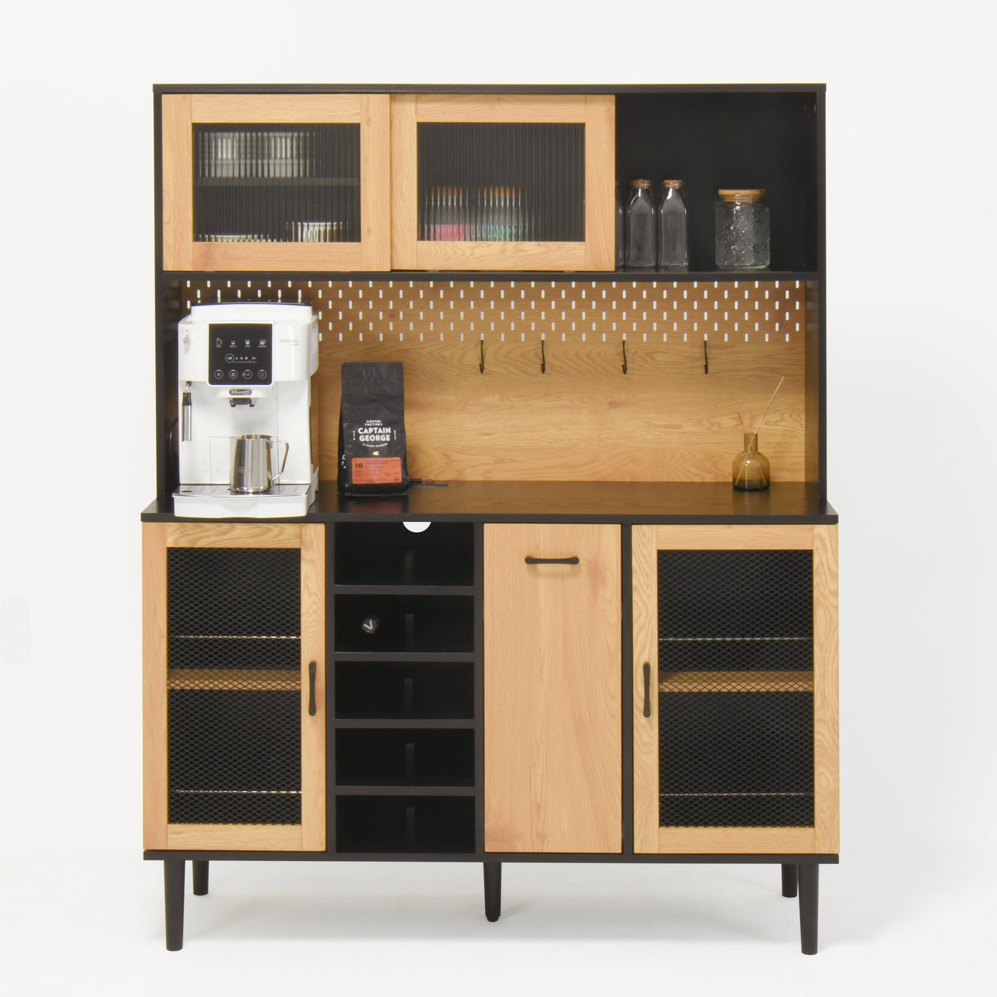 buffet side cabinet with storage door and power outlet, coffee bar cabinet with wine rack, black and natural colors