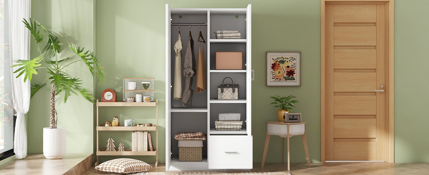 Wooden Wardrobe with Double Doors, Armoire with Hanging Rod, 5 Fixed Shelves, and 1 Drawer, White