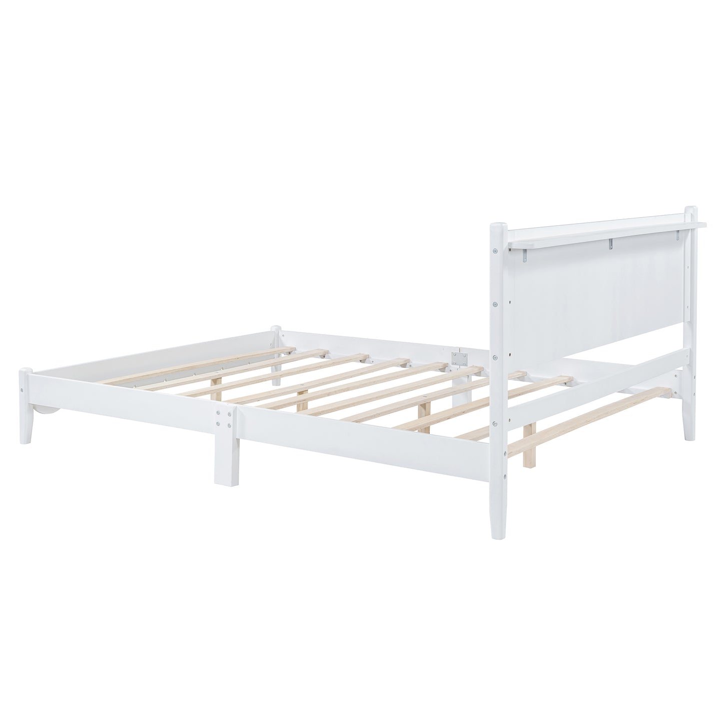 Queen Size Wood Platform Bed Frame, Retro Style Bed with Rectangular Headboard,No Need Box Spring,White