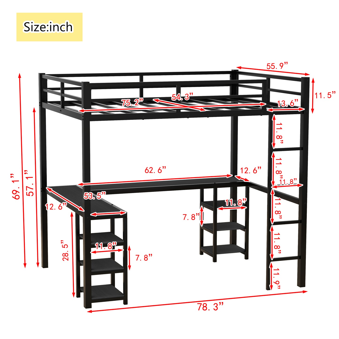 All metal loft bed with desk and shelf, loft bed with ladder and guardrail, black with black desk