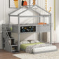 Twin over Full House Bunk Bed with Storage Staircase and Blackboard, Gray Finish