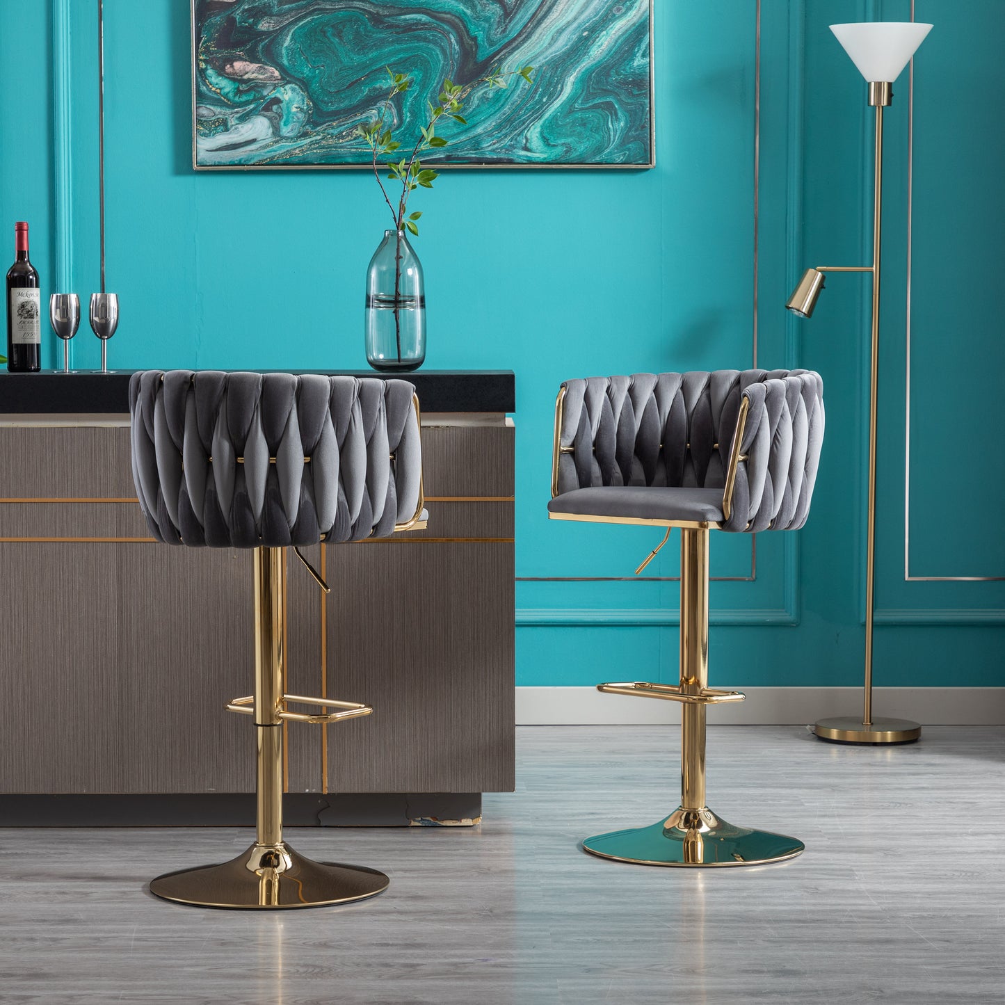 Set of 2 Bar Stools with Chrome Footrest and Swivel Base, Velvet Upholstery and Golden Legs, Grey Finish